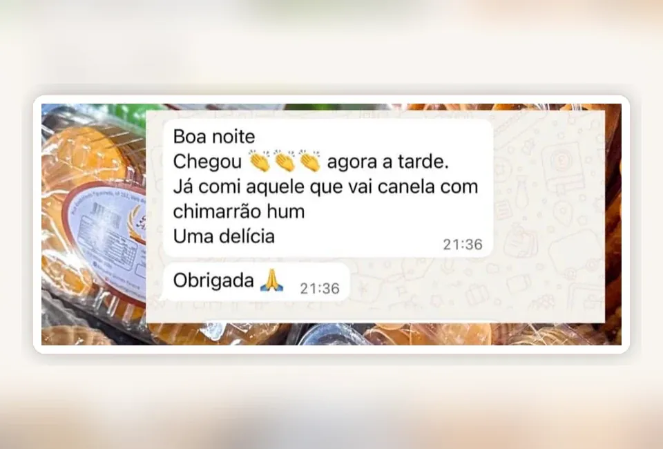 Mensagem de cliente elogiando o sabor dos produtos